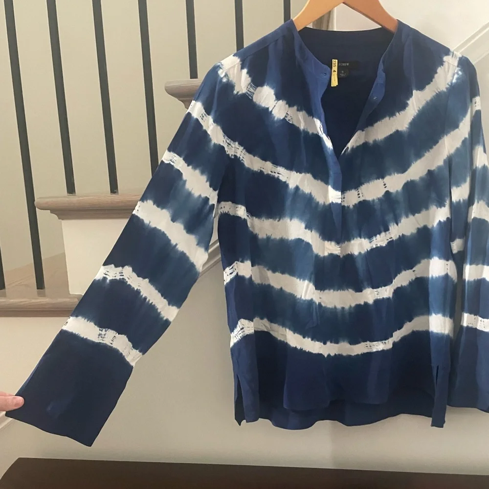 J.Crew 100% Silk Tie Dyed Shibori LS Tunic Popover Blue - Sz Small